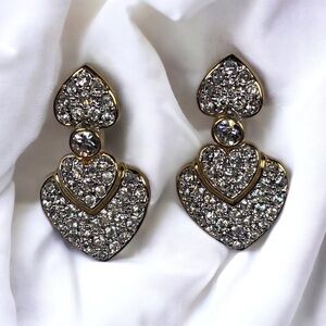 18KT GP Pave Rhinestone Heart Dangle Earrings